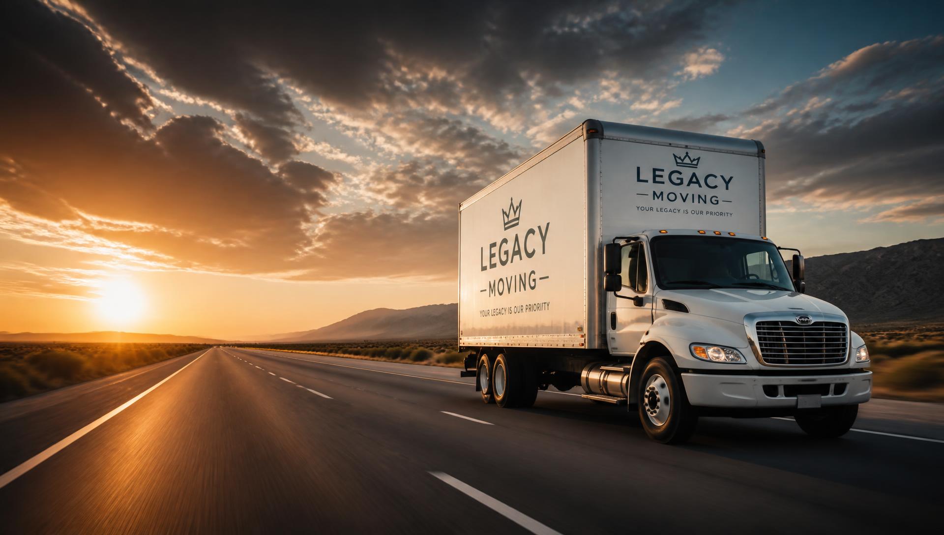 Moving truck on an American highway at sunset